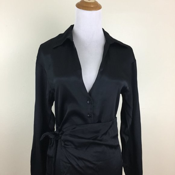 NWT ZARA Long Sleeve Black Satin Button Collared Flap Tie Overlay Front Dress - Picture 7 of 14
